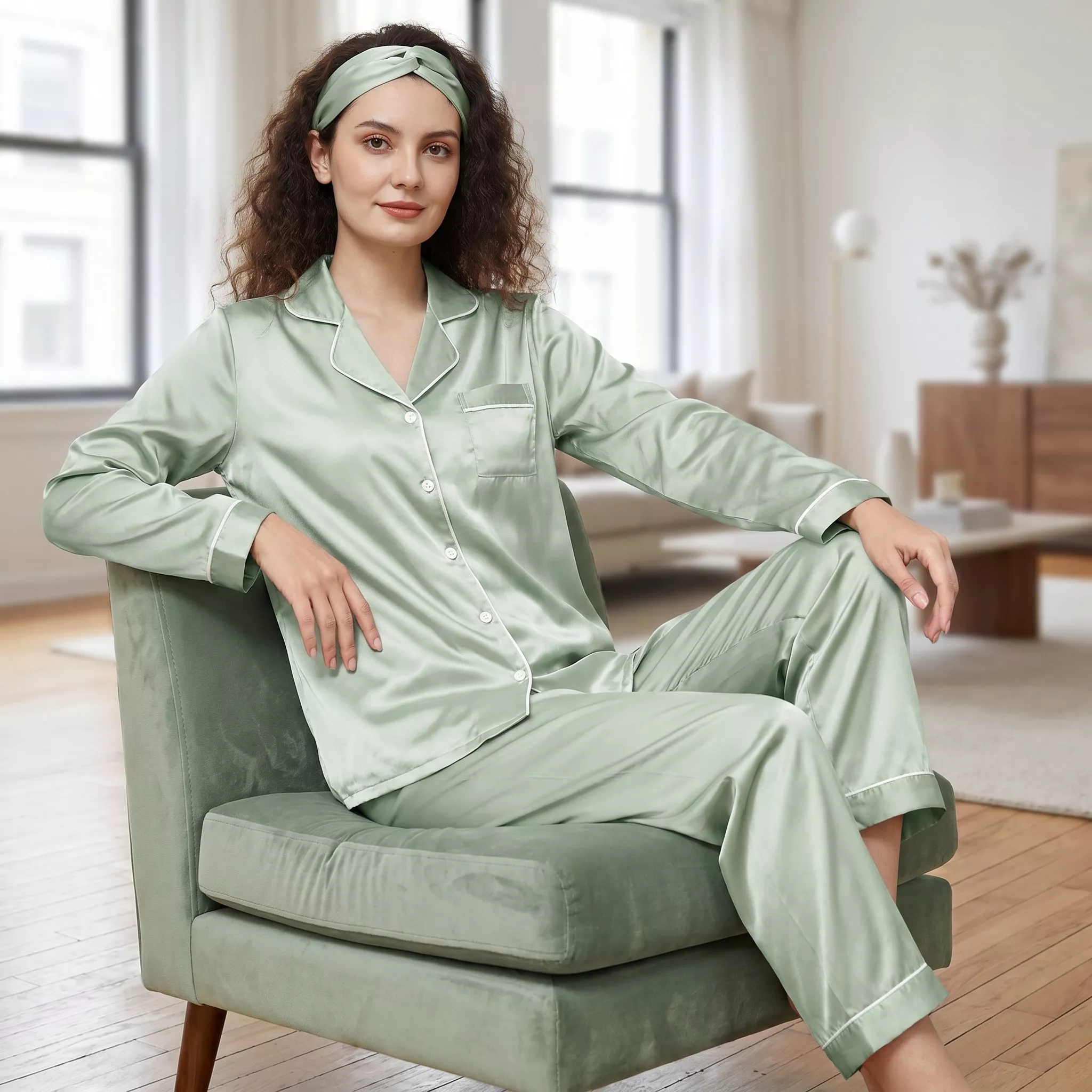 Womens Satin Pajamas Set Silk Pajama Sets XS-3XL Long Silky Pj Sets Nightwear Pjs Set Sleepwear Loungewear