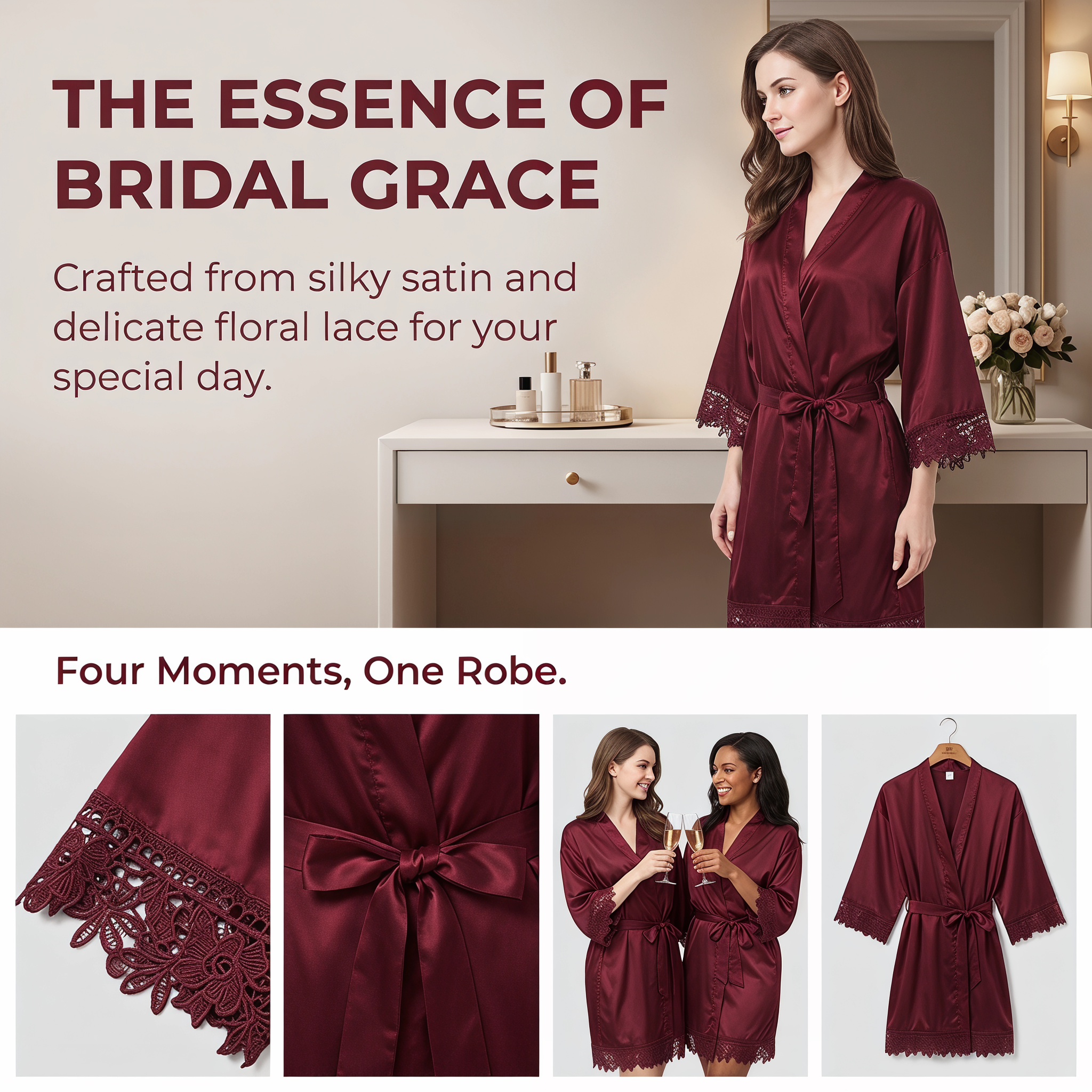 Womens Silk Robe Satin Robe Silky Kimono Lace Bathrobe Wedding Dressing Gown For Bridal Bride Bridesmaid Robes