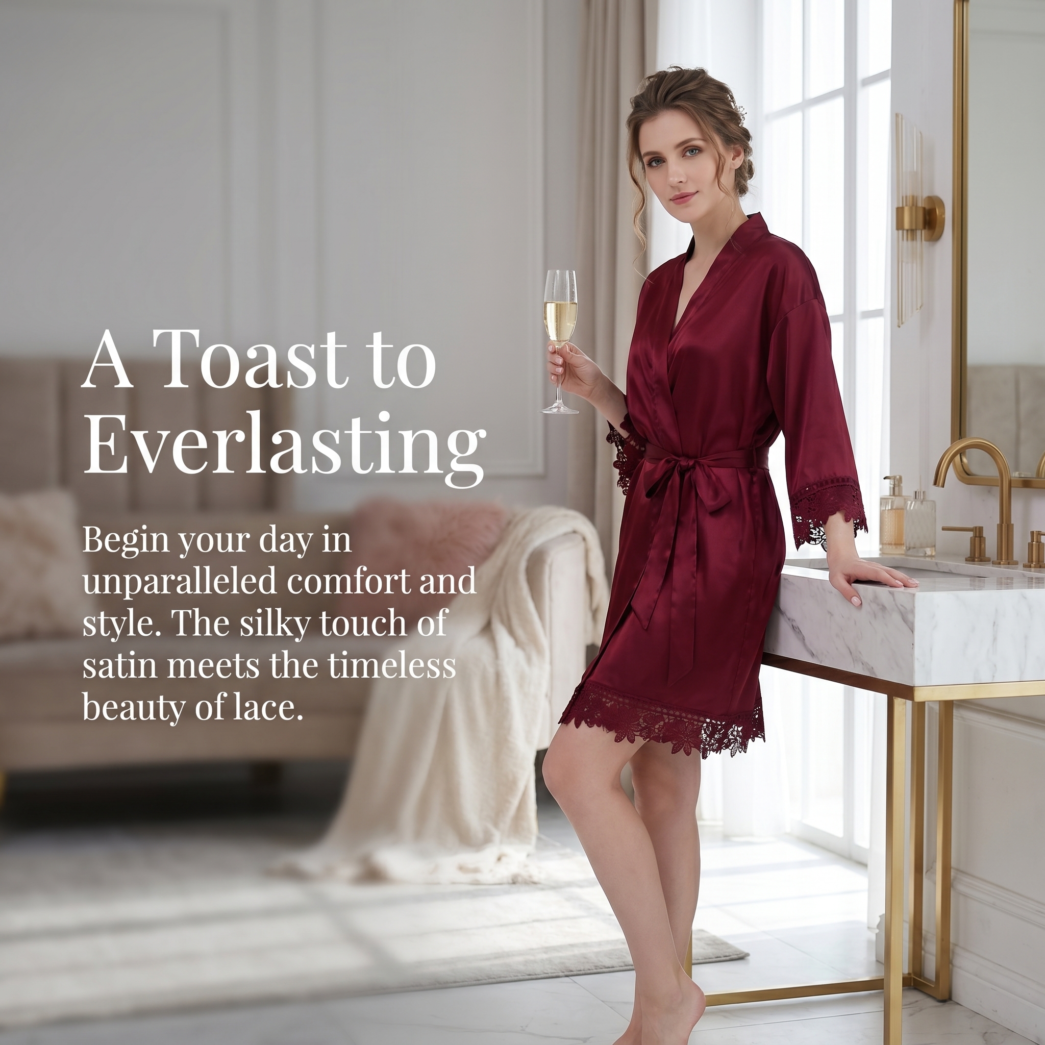 Womens Silk Robe Satin Robe Silky Kimono Lace Bathrobe Wedding Dressing Gown For Bridal Bride Bridesmaid Robes