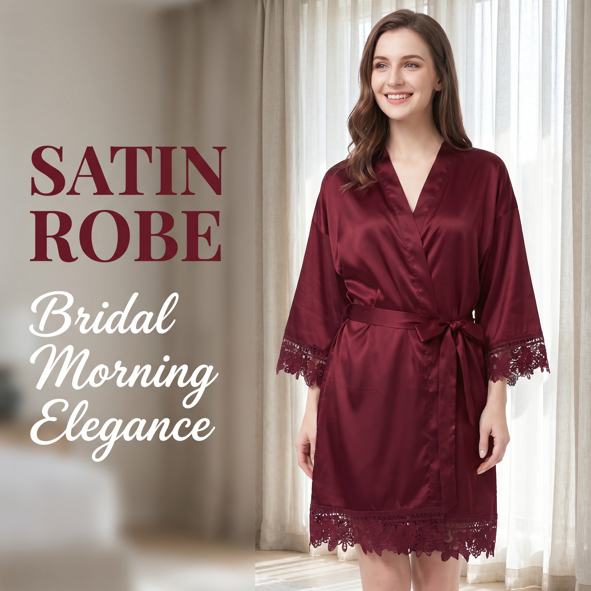 Womens Silk Robe Satin Robe Silky Kimono Lace Bathrobe Wedding Dressing Gown For Bridal Bride Bridesmaid Robes