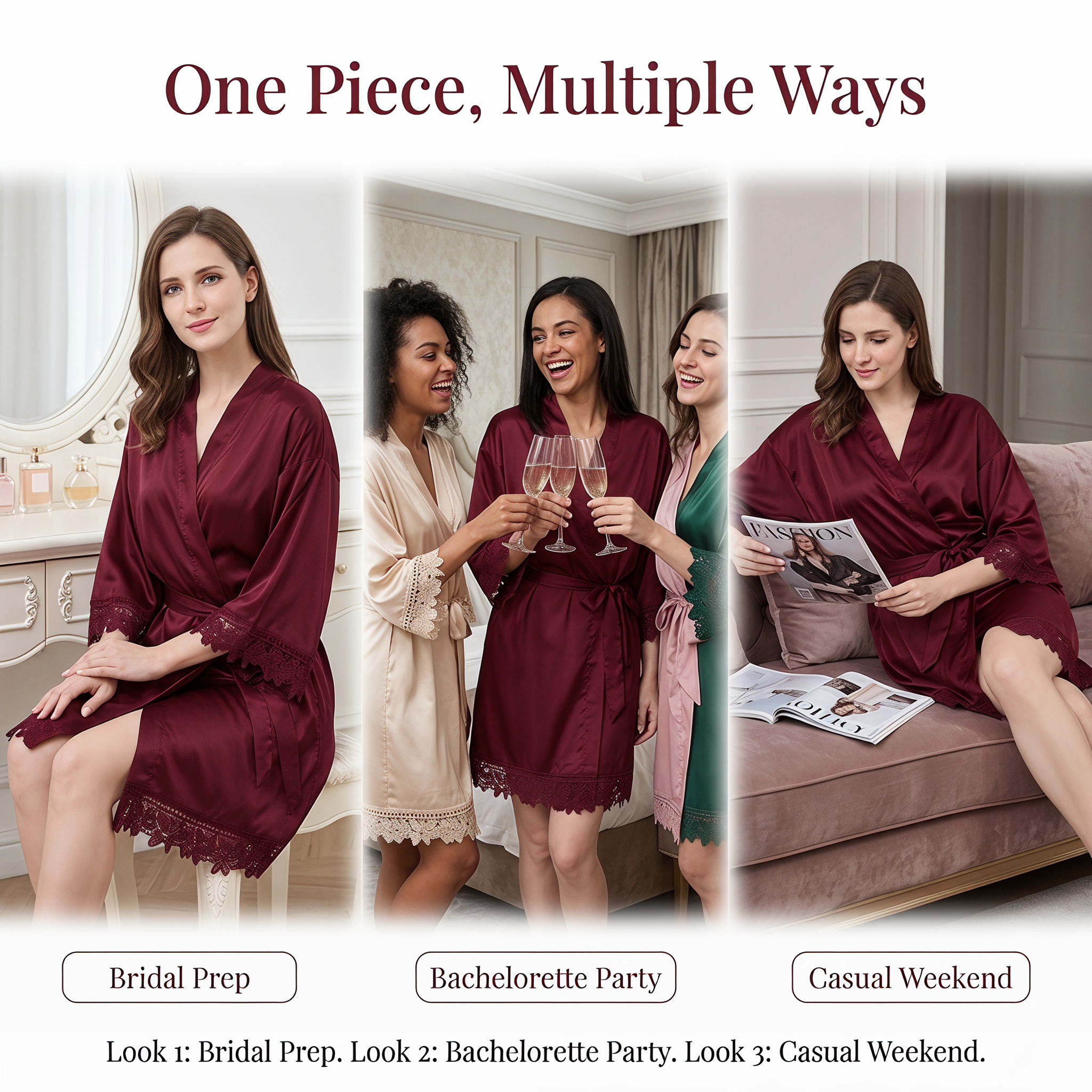 Womens Silk Robe Satin Robe Silky Kimono Lace Bathrobe Wedding Dressing Gown For Bridal Bride Bridesmaid Robes