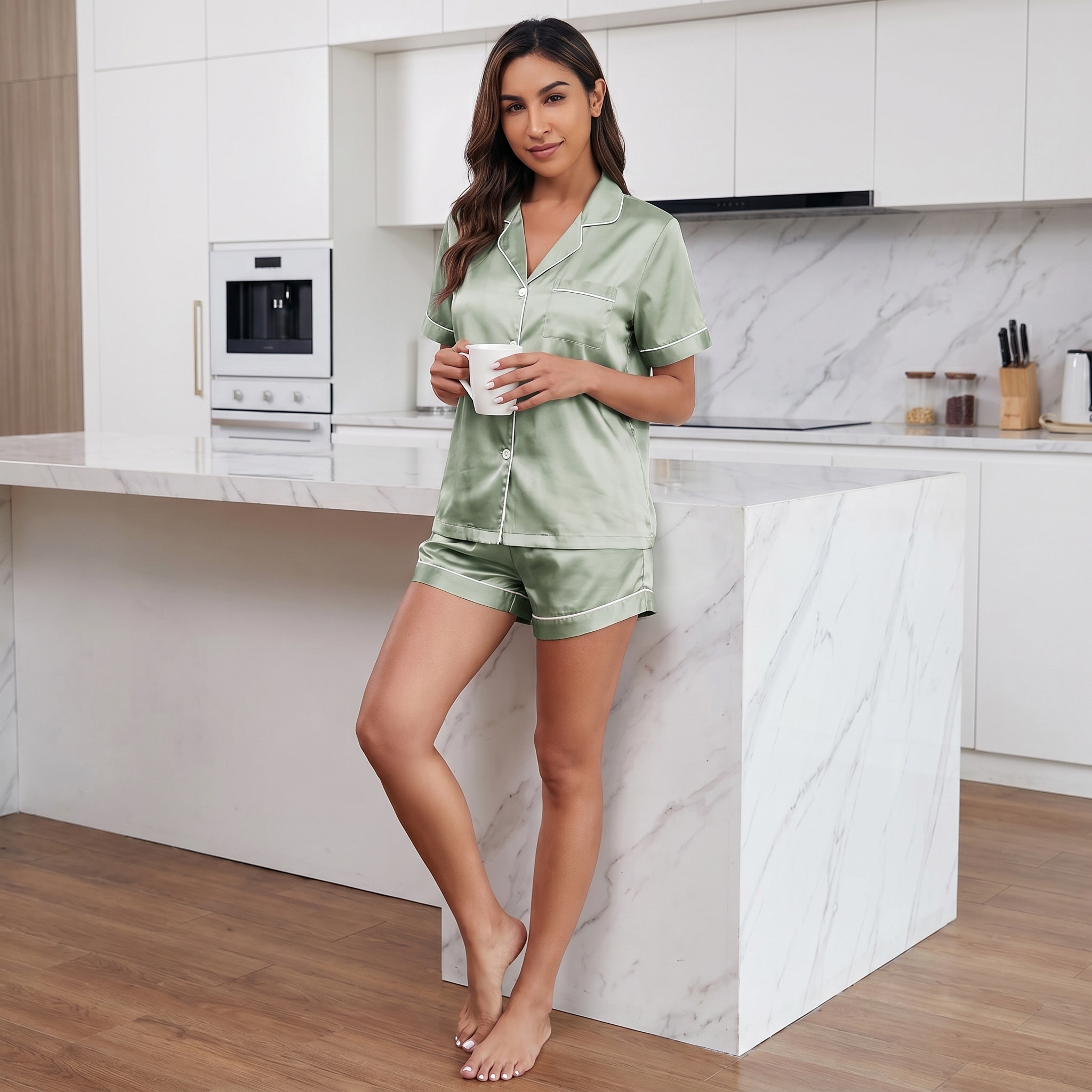 WJing Yi Jia Womens Silk Satin Pajamas Loungewear Two-Piece Sleepwear Button-Down Floral Pj Set